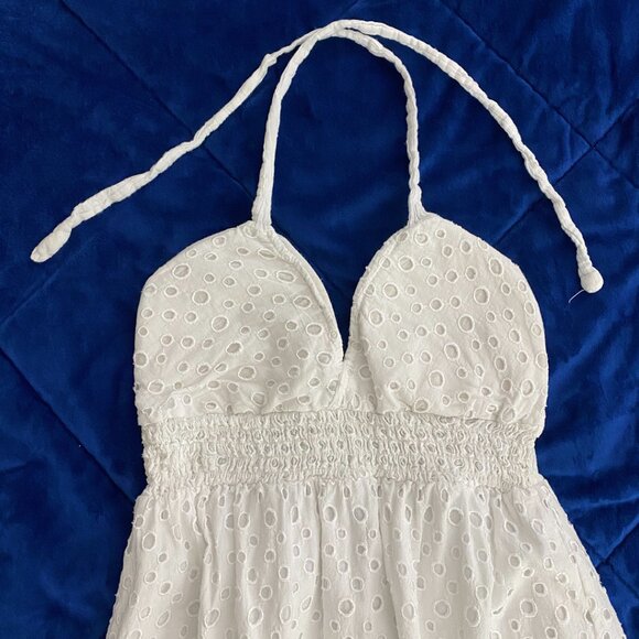 White Tied Neck Backless Eyelet Lace Midi Babydoll Dress - Picture 3 of 6